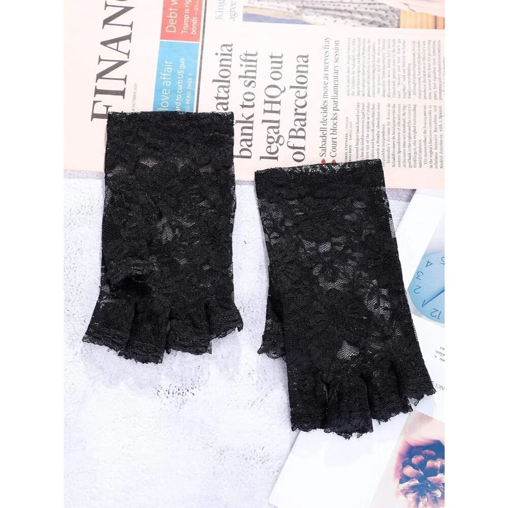 Women's Black Floral Short Lace Gloves Sunblock Fingerless Bridal Opera Party